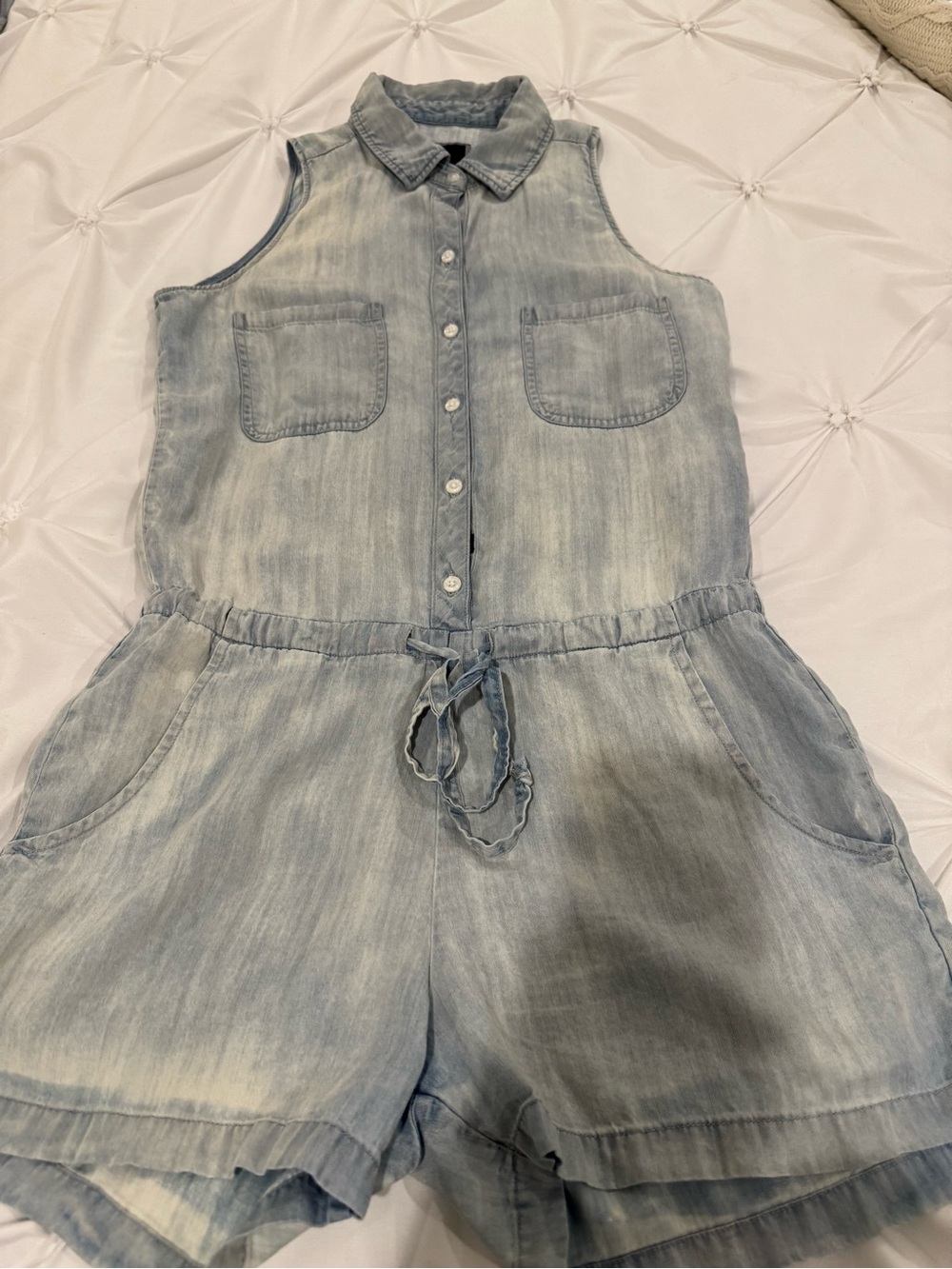 Rails 100% Tencel Chambray Romper XS Sleeveless Drawstring Waist Pockets - Picture 2 of 16